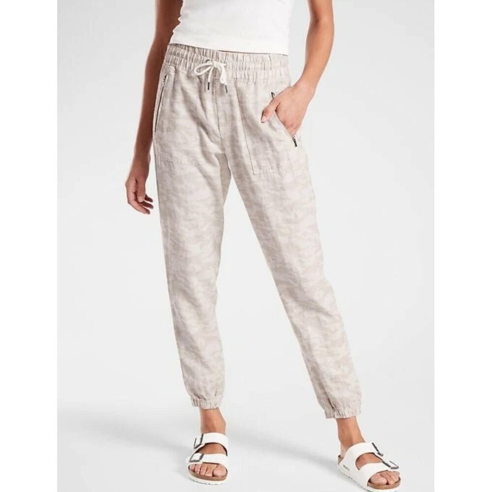 Athleta Cabo Tide Linen Jogger Neutral Camo Print Beige Size 14